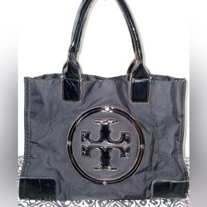 Tory Burch Ella Nylon|Patent Leather Black Tote